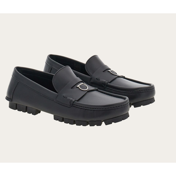 Ferragamo Driver with Gancini Ornament Loafer Shoes Black Men\'s Size 10.5 M
